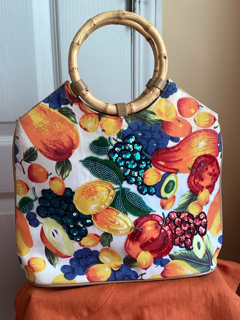 Tropical Fruit Bamboo-Handle satchel Bag